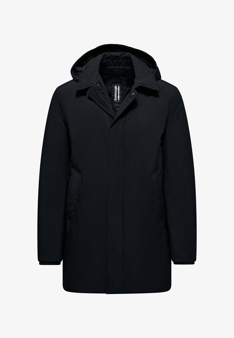 Giacca nera con cappuccio, chiusura frontale con zip e bottoni, tasche laterali e interno trapuntato. Realizzata in tessuto liscio e resistente all'acqua.