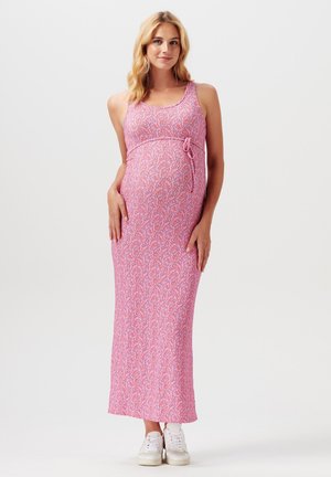 Maxi-Kleid für Schwangere in Rosa mit floralem Muster, ärmelloses Design und verstellbarem Bund unter der Brust. Glattes Material und lockere Passform.