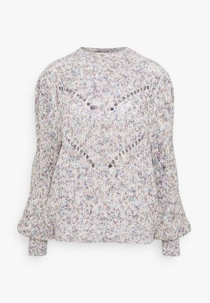 Pull en maille épaisse en fil pastel mélangé avec poignets et ourlet côtelés, présentant un motif ajouré chevron sur le devant et de longues manches ballon.