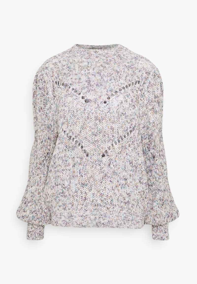 Pull en maille épaisse en fil pastel mélangé avec poignets et ourlet côtelés, présentant un motif ajouré chevron sur le devant et de longues manches ballon.