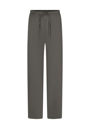 Pantalon gris foncé à jambes droites avec une taille élastique et un cordon ajustable, conçu pour un usage décontracté.