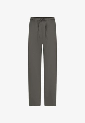 Pantalon gris foncé à jambes droites avec une taille élastique et un cordon ajustable, conçu pour un usage décontracté.