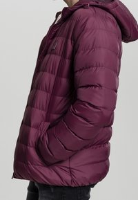 Bordowa kurtka puchowa z kapturem, z pikowanymi segmentami, zamkiem błyskawicznym i bocznymi kieszeniami. Gładki, błyszczący materiał o luźnym kroju.