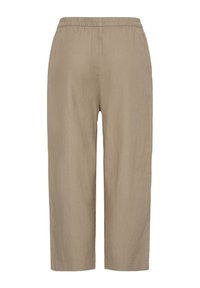Pantalon court beige à taille élastique, jambes droites et coupe décontractée, confectionné dans un tissu léger.