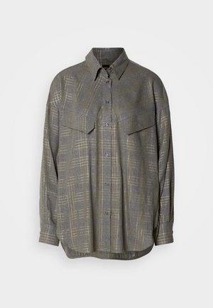 Grijze button-up shirt gemaakt van textuurstof, met een ruitpatroon in lichtere tinten, een kraag en twee borstzakken.