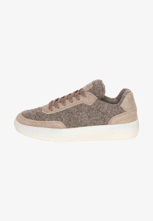 Low-Top-Sneaker aus braunem Wollstoff mit Veloursleder-Akzenten, passenden Schnürsenkeln und weißer, strukturierter Gummisohle.