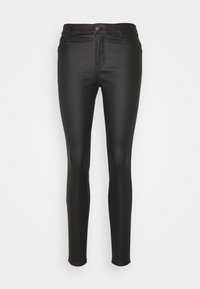 Jean skinny noir avec une texture lisse, doté d'un bouton à la taille, de poches avant et d'un design ajusté qui se resserre aux chevilles.