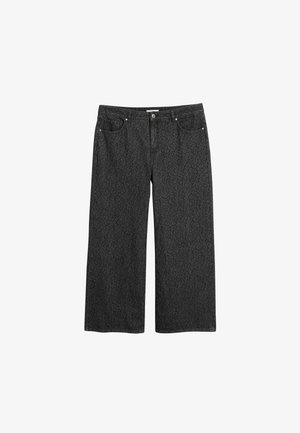 Sorte bukser med vide ben og et diskret leopardprint, lavet af denim med en tekstureret overflade. Har forlommer og knaplukning.