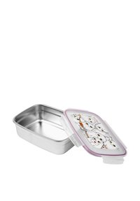 Lunch box in acciaio inossidabile con coperchio trasparente decorato con colorati pupazzi di neve dei cartoni animati. Il contenitore rettangolare ha bordi lisci e un interno lucido.