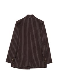 Brauner Nadelstreifen-Blazer mit taillierter Passform, der ein Revers und drei dekorative Knöpfe an jedem Ärmel hat. Glatter Stofftextur.