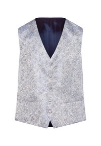 Hellblaues, mit paisley-Muster versehenes Weste mit V-Ausschnitt, seidenähnlicher Textur und zwei Fronttaschen, ausgestattet mit einem dunkelblauen Innenfutter.