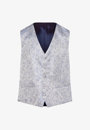 Hellblaues, mit paisley-Muster versehenes Weste mit V-Ausschnitt, seidenähnlicher Textur und zwei Fronttaschen, ausgestattet mit einem dunkelblauen Innenfutter.