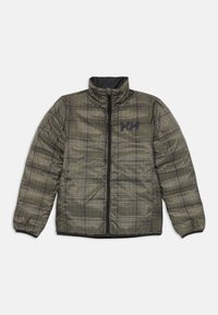 Veste rembourrée avec un col haut, présentant un motif écossais vert et noir, fermeture éclair et accent logo noir sur la poitrine.