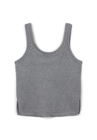Débardeur en tricot gris sans manches avec de larges bretelles et de petites fentes sur le côté à l'ourlet, présenté sur fond blanc.