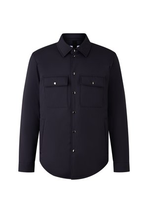 Marineblauw button-up shirt met een kraag, twee borstzakken en zilverkleurige hardware. Glad textuur met een ronde zoom.
