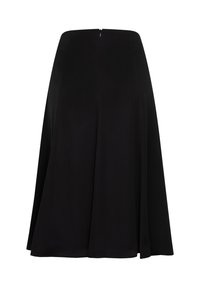 Jupe noire longueur genou coupe trapèze avec taille haute et fermeture éclair au dos, en tissu lisse.