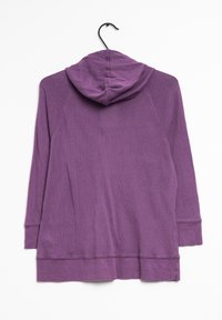 Felpa a maniche lunghe viola con un tessuto testurizzato, dotata di cappuccio e polsini a costine. L'orlo è leggermente più lungo sul retro.