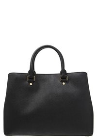 Borsa tote nera in materiale sintetico, texture liscia, forma strutturata, dettagli in metallo dorato e doppi manici superiori.