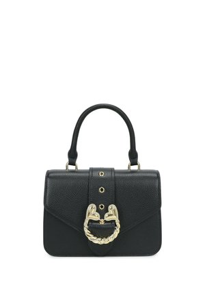 Borsa a mano in pelle nera testurizzata con fibbia dorata a forma di cuore e manico singolo, forma rettangolare e chiusura a patta.