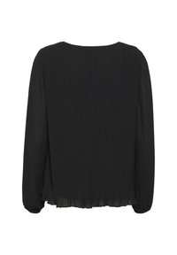 Blusa nera plissettata con maniche lunghe, scollo rotondo e un tessuto trasparente e leggero con un design fluido.