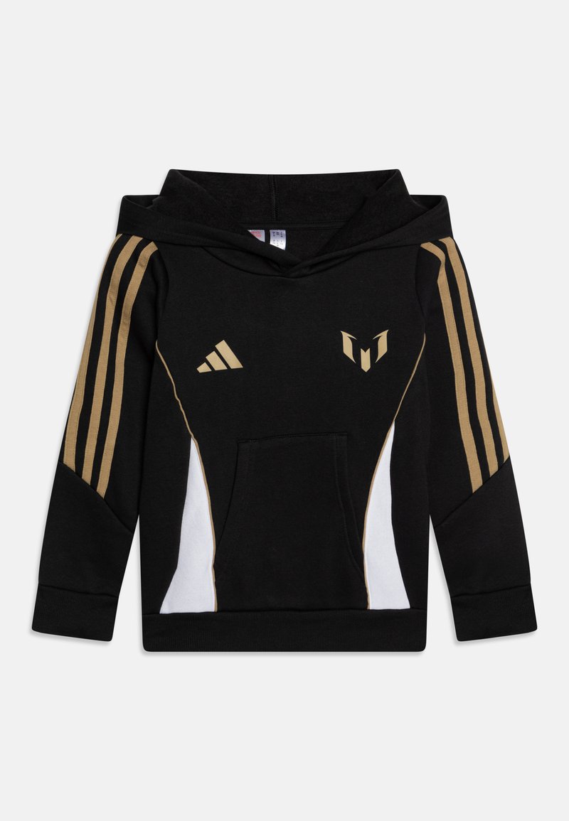 Sudadera con capucha negra que presenta detalles en dorado y blanco, bolsillo delantero y tres franjas doradas horizontales en cada manga.