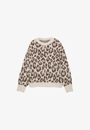 Leopardenmuster Pullover in Beige und Braun, mit Rundhalsausschnitt, langen Ärmeln und gerippten Bündchen und Saum. Hergestellt aus strukturiertem Strickmaterial.