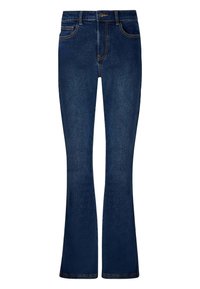 Tummansiniset farkut, joissa on leveä lahje, kaksi etutaskua, nappi- ja vetoketjusuljenta sekä kontrastiväri keltainen ommel saumoissa.