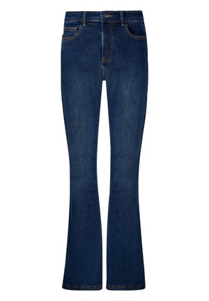 Donkerblauwe spijkerbroek met uitlopende pijpen, voorzien van twee voorzakken, een knoop- en ritsluiting, en contrasterende gele stiksels langs de naden.