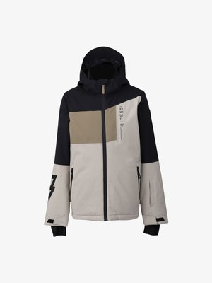 Vinterjacka med svart huva, beige och tan-färgade block, frontdragkedja, dragkedjefickor på sidorna och en svart blixtsymbol på vänster ärm.