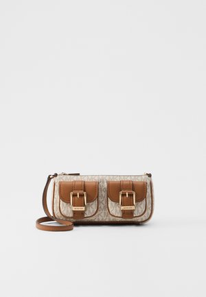 Brown leather handbag with a patterned beige canvas body, two front pockets with gold buckles, and a detachable strap. Zip closure.