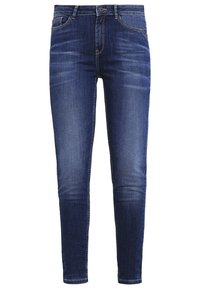 Jeans ajustados de mezclilla azul oscuro con un diseño clásico de cinco bolsillos, un sutil desgaste y costuras en contraste a lo largo de las costuras y los bolsillos.