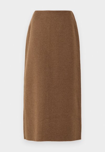Brown, knee-length skirt made of soft fabric with a smooth texture and a straight cut; features a subtle seam detail along the sides.