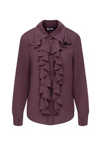 Bordeauxfarbene Bluse aus weichem Stoff mit einem großen Kragen und vertikalen Rüschen entlang der Vorderseite. Lange Ärmel mit Knopfmanschetten.