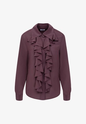 Bordeaux blouse van zacht stof met een grote kraag en verticale ruffles die over de voorkant lopen. Lange mouwen met knoopmanchetten.