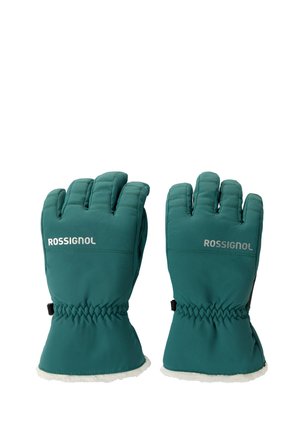 Par de guantes de invierno acolchados color verde azulado con puños elásticos y logo "Rossignol" en la parte trasera de cada mano.