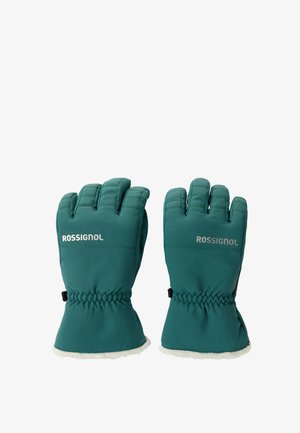 Par de guantes de invierno acolchados color verde azulado con puños elásticos y logo "Rossignol" en la parte trasera de cada mano.