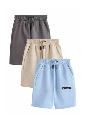 Drei Shorts in Grau, Beige und Hellblau. Hergestellt aus weichem Stoff mit elastischem Bund, Seitentaschen und Kordelzug-Details.