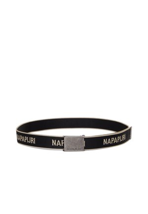 Black fabric belt with beige edges featuring the word "NAPAPIJRI" repeated and a silver metal buckle engraved with "NAPAPIJRI".