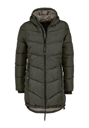 Dark green puffer jacket with a hood, featuring a zip front, two side pockets, and ribbed cuffs. Horizontal quilted pattern and inner lining are beige.