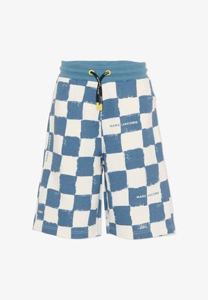 Szorty w niebiesko-białą kratę wykonane z miękkiego materiału, wyposażone w elastyczny pas ze ściągaczami oraz logo przy brzegu.