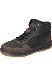 Wysokie buty w czarnych i brązowych materiałach syntetycznych. Oferują teksturowany szary kołnierz, brązowe akcenty oraz gumową podeszwę z rowkami.