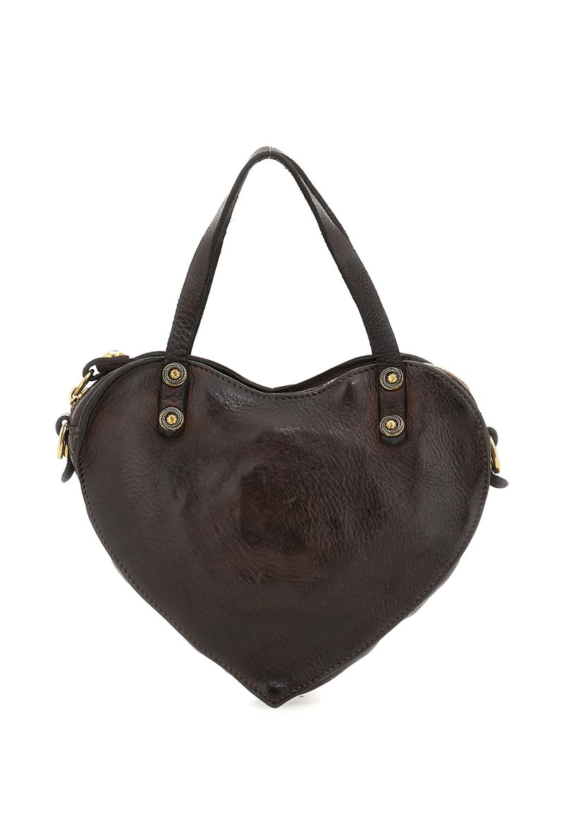 Borsa in pelle marrone scuro a forma di cuore con due manici e dettagli in metallo dorato vicino ai manici.