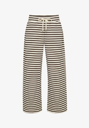 Pantalons larges rayés en marron et crème, dotés d'une taille à cordon de serrage et d'une texture de tissu douce et lisse.