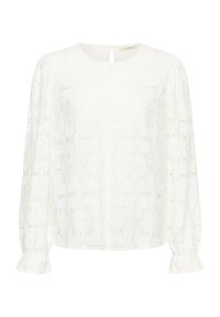 Bijela bluzica s dugim rukavima, okruglim dekolteom, izvezenim cvjetnim uzorcima i nabranim zapešćem. Otvorena leđa s dugmetom za zatvaranje.