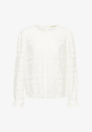 Valge pluus, millel on pikad varrukad, ümmargune kaelus, tikitud lillemustrid ja kogutud mansetid. Seljaosa avatud detail ning nööp sulgemiseks.