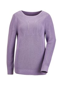 Lila Strickpullover mit weitem Halsausschnitt, strukturiertem Muster und langen Ärmeln mit gerippten Bündchen und Saum. Aus atmungsaktivem Stoff gefertigt.