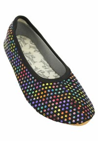 Schwarze flache Schuhe mit runder Zehenpartie, die ein mehrfarbiges gepunktetes Muster aufweisen. Weiches Obermaterial mit einem glatten Futter und einer dünnen Sohle.