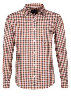 Overhemd met lange mouwen, rood, bruin en wit geruit patroon, voorzak op de borst en klassieke kraag.