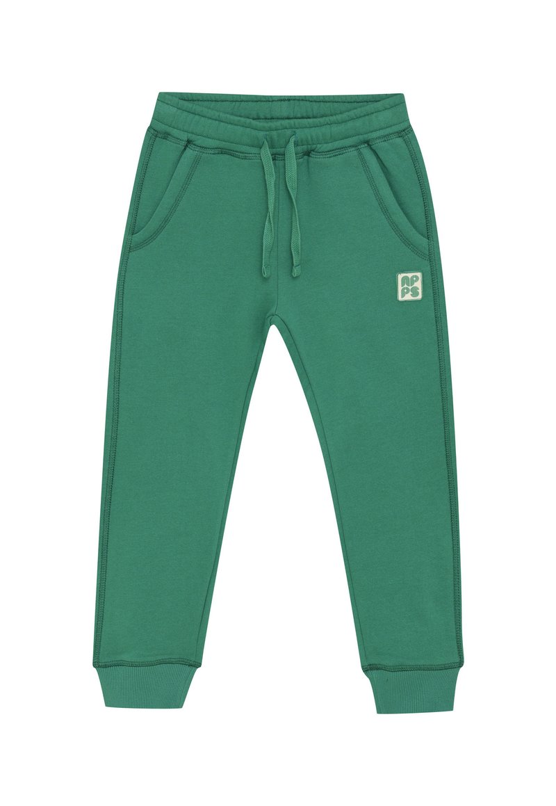 Groene kinderhoodies met elastische tailleband, trekkoorden, zijzakken, ribbenmanchetten en een klein logo-opdruk op de rechterdij.