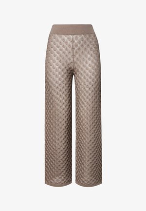 Φαρδιά παντελόνια σε απόχρωση ταουπ με υφασμένο, καπιτονέ μοτίβο και μονόχρωμη ζώνη στη μέση.